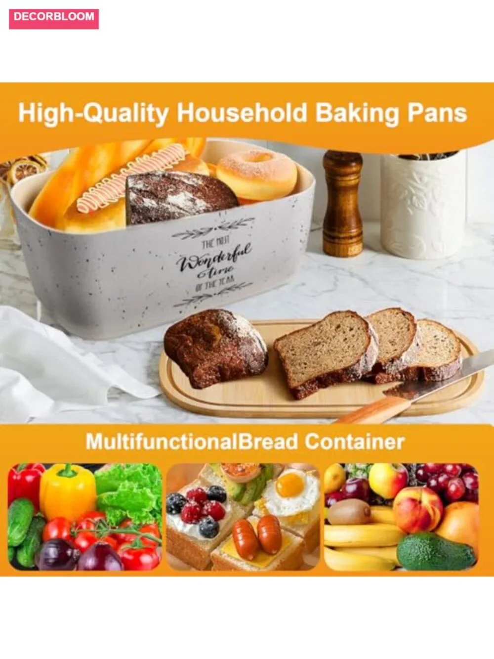 Bamboo Fiber Bread Box with Cutting Board Lid, Kitchen Countertop Food Storage